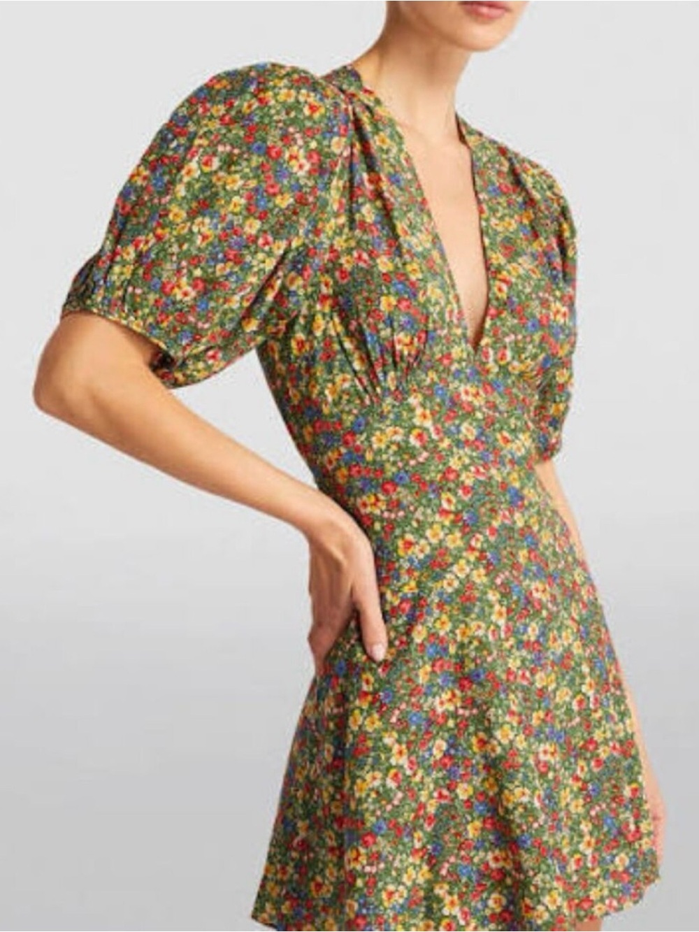 DOEN Emilia Mini Dress Ditsy Floral Puff Sleeves V-Neck Waist Tie Sundress Sz XS